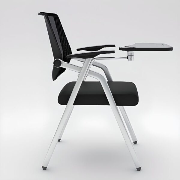 A black foldable study office chair with a cushioned seat and backrest, positioned in a modern home office setting.