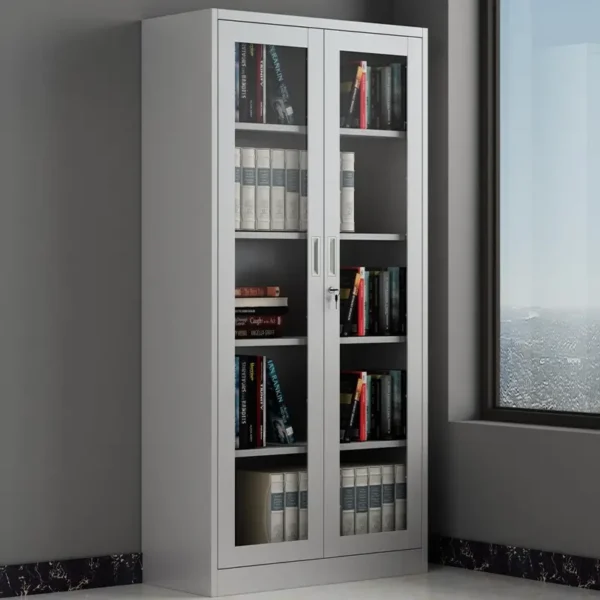 A sleek 2-door metallic office cabinet with full glass doors, showcasing its elegant design and spacious interior.