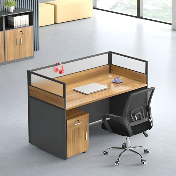 Alt Text: A modern one-way modular workstation featuring a sleek design with a single workstation area, ergonomic chair, and integrated storage. The setup is ideal for focused work in a minimalistic office environment.