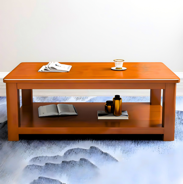 Modern solid wood coffee table with a natural finish and spacious tabletop, ideal for any living room decor.