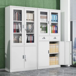 2-Door Metallic Office Filing Cabinet with sleek design and adjustable shelves, ideal for office organization.