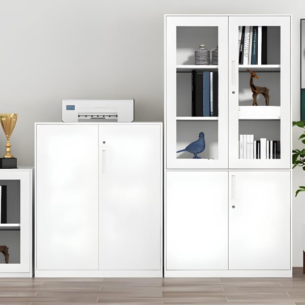 2-Door Metallic Office Filing Cabinet with sleek design and adjustable shelves, ideal for office organization.