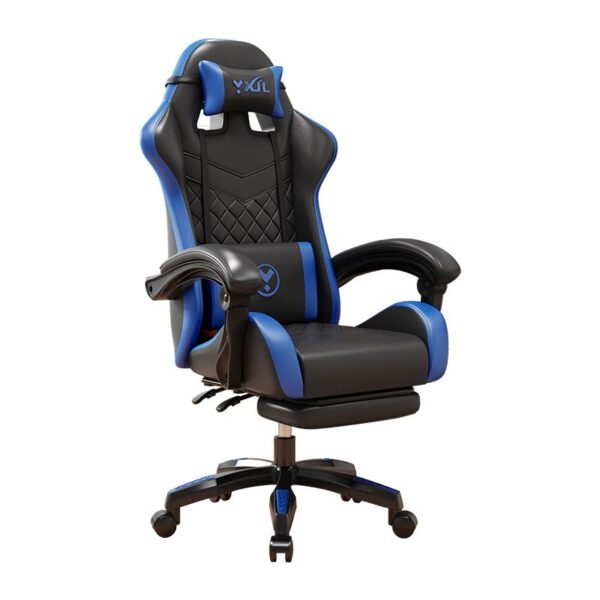 Blue leather ergonomic gaming chair with adjustable features and a sleek design, ideal for gaming and office use.