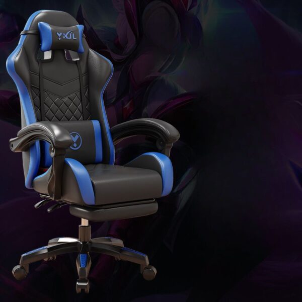 Blue leather ergonomic gaming chair with adjustable features and a sleek design, ideal for gaming and office use.