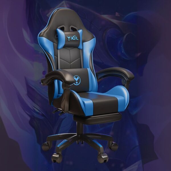 Blue leather ergonomic gaming chair with adjustable features and a sleek design, ideal for gaming and office use.