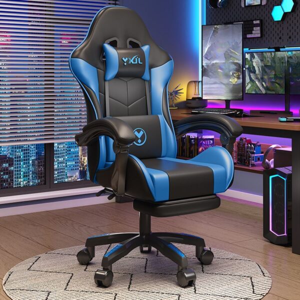 Blue leather ergonomic gaming chair with adjustable features and a sleek design, ideal for gaming and office use.