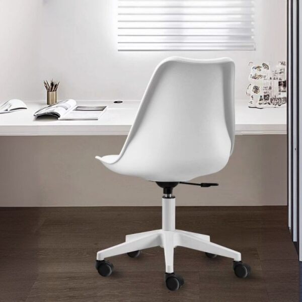 Swivel Eames Plastic White Chair with a sleek design and molded plastic seat, ideal for contemporary interiors.