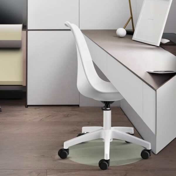 Swivel Eames Plastic White Chair with a sleek design and molded plastic seat, ideal for contemporary interiors.