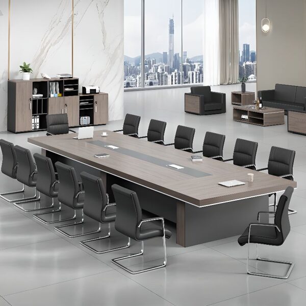 Office boardroom table designed for 14 people, featuring a sleek and modern design for corporate meetings.