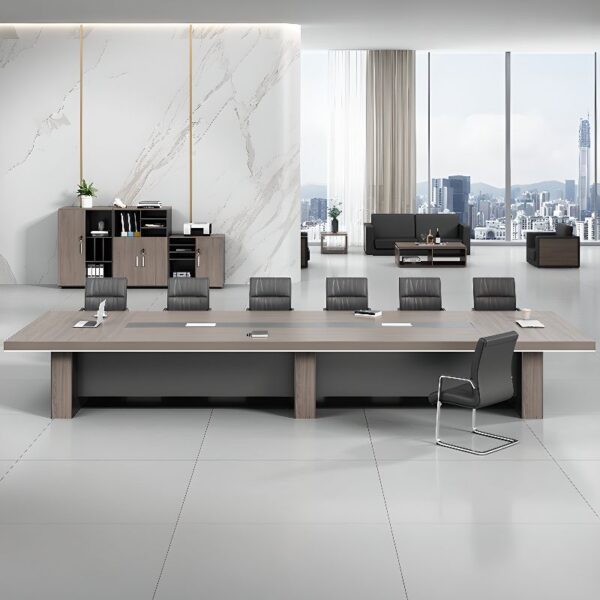 Office boardroom table designed for 14 people, featuring a sleek and modern design for corporate meetings.