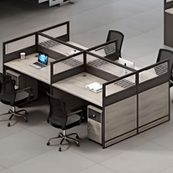 4-Way Modular Office Workstation featuring spacious desktops and integrated cable management.