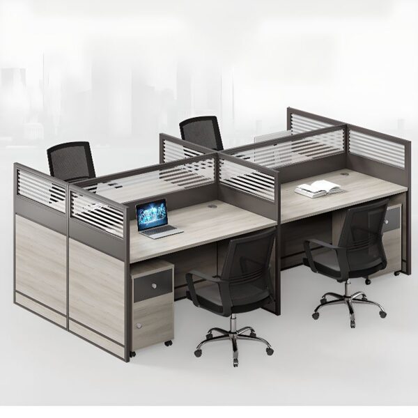 4-Way Modular Office Workstation featuring spacious desktops and integrated cable management.