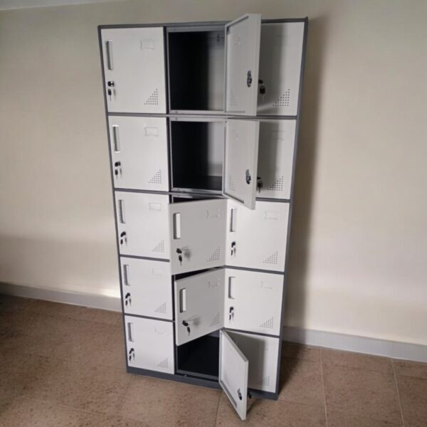 15-Locker Steel Staff Office Cabinet with individual secure lockers in a modern office setting.