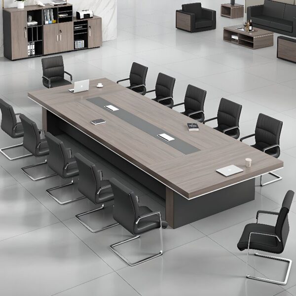 Office boardroom table designed for 14 people, featuring a sleek and modern design for corporate meetings.