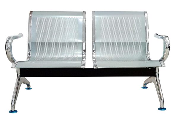 2-seater non-padded metallic waiting bench with a minimalist design, suitable for indoor and outdoor use.