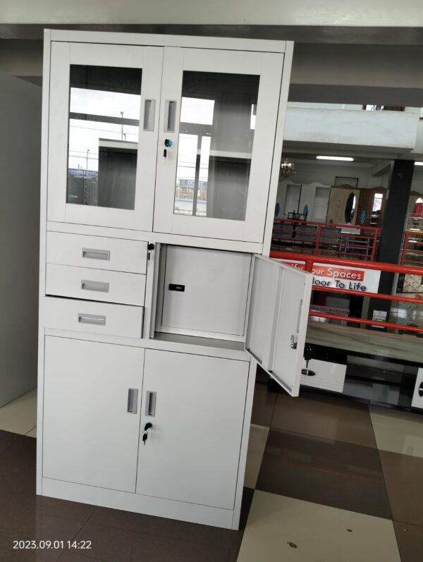 2-Door Metallic Office Storage Cabinet in a modern office setting, showcasing its sleek design and spacious interior.