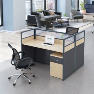 2-Way Modular Office Workstation featuring two side-by-side desks with integrated cable management in a modern office setting.