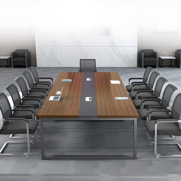 2.4-meter office boardroom table in a modern office setting, showcasing a polished wooden surface and sleek design.