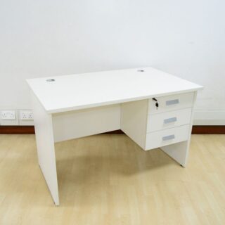 White wooden home office desk with a minimalist design, featuring a spacious surface for work essentials.