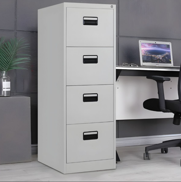 4-drawer steel filing cabinet with a sleek design, providing secure storage for office documents.