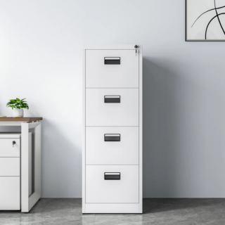 4-drawer steel filing cabinet with a sleek design, providing secure storage for office documents.