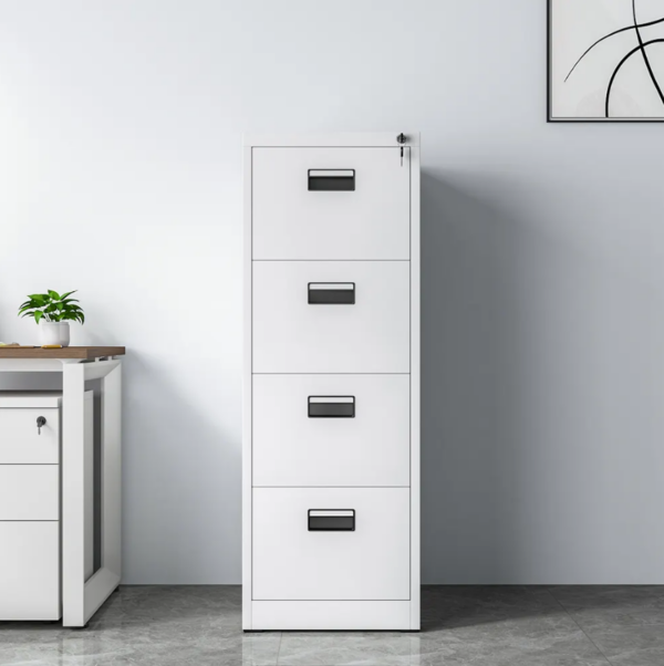 4-drawer steel filing cabinet with a sleek design, providing secure storage for office documents.