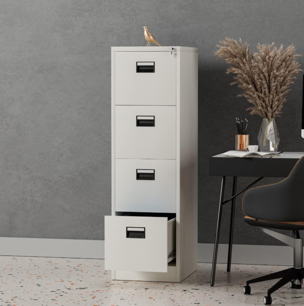 4-drawer steel filing cabinet with a sleek design, providing secure storage for office documents.