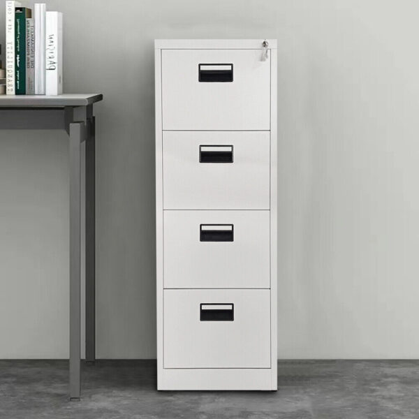 4-Drawer Steel Office Filing Cabinet featuring a modern design and secure storage for documents.