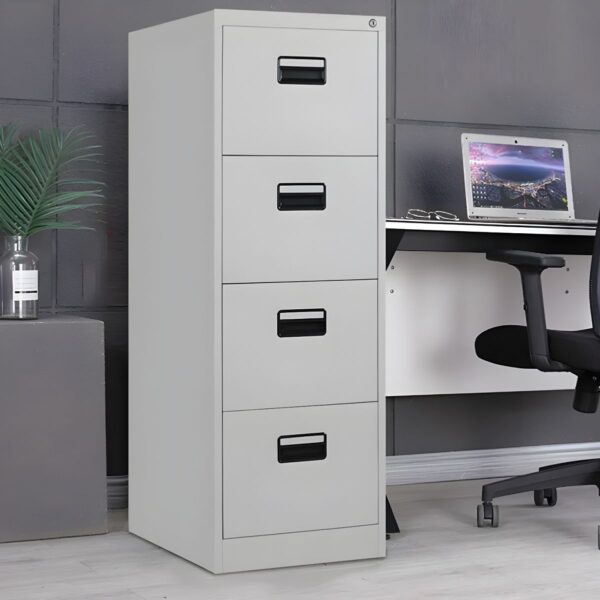 4-Drawer Steel Office Filing Cabinet featuring a modern design and secure storage for documents.