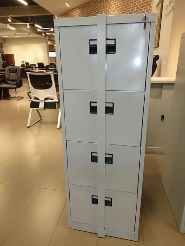 4-Drawer Steel Office Filing Cabinet featuring a modern design and secure storage for documents.