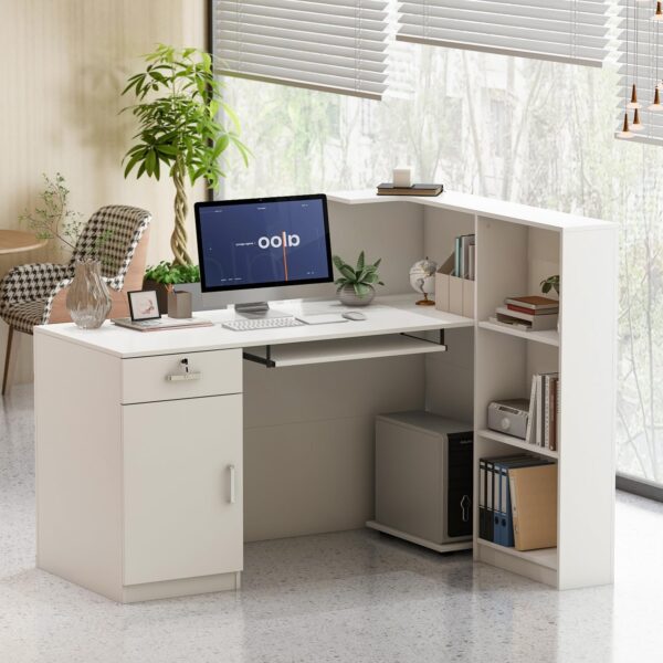 Rectangular Wood Reception Office Desk with spacious tabletop and built-in storage, ideal for professional office environments.