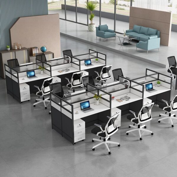 6-Way Modular Office Workstation with spacious surfaces and integrated cable management in a modern office setting.