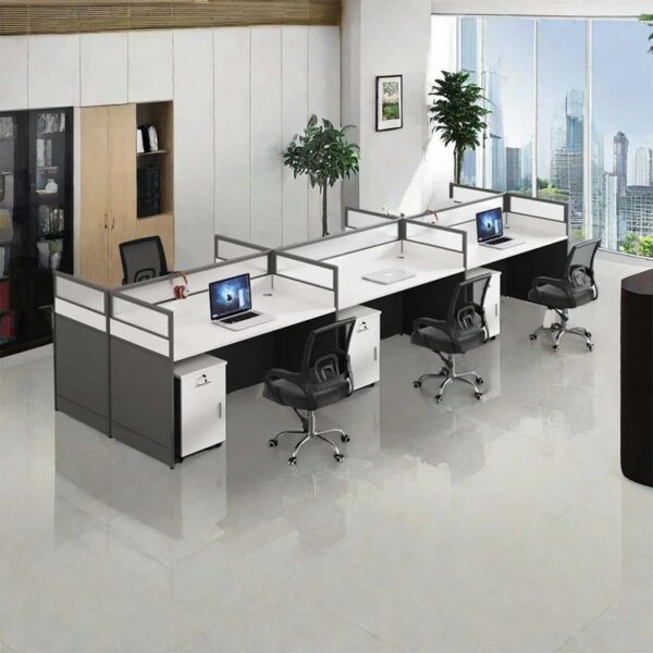 6-Way Modular Office Workstation with spacious surfaces and integrated cable management in a modern office setting.