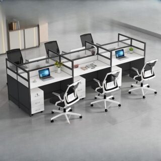 6-Way Modular Office Workstation with spacious surfaces and integrated cable management in a modern office setting.