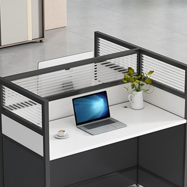 6-Way Modular Office Workstation with spacious surfaces and integrated cable management in a modern office setting.