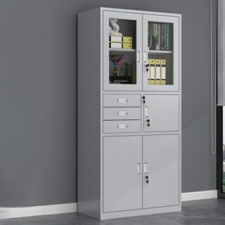 2-Door Metallic Office Storage Cabinet in a modern office setting, showcasing its sleek design and spacious interior.