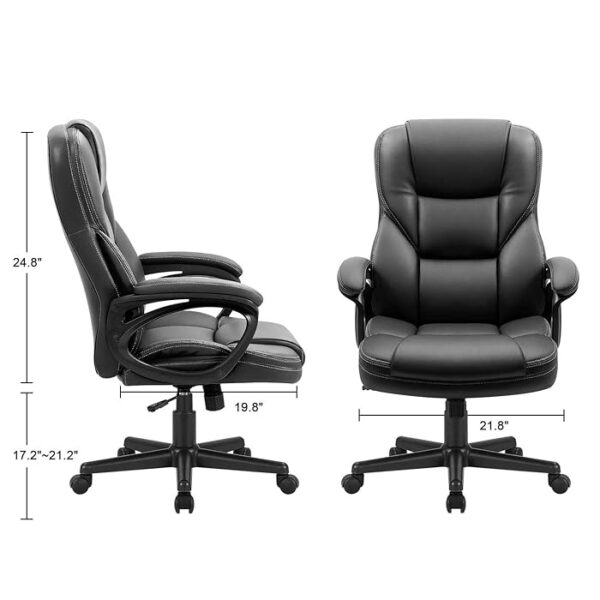 Black Leather Executive Office Seat with ergonomic design and chrome accents in a modern office setting.