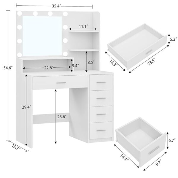 White Vanity Dressing Table with LED lights, spacious tabletop, and elegant mirror, ideal for beauty routines.