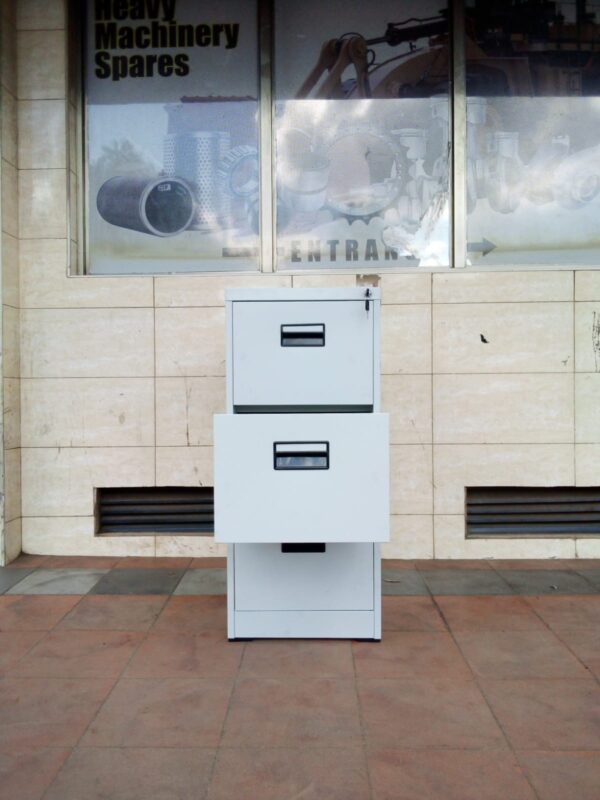 3-Drawers Steel Storage Cabinet in a modern office setting, showcasing its sleek design and spacious storage.