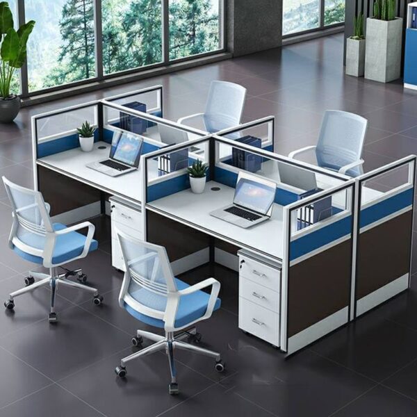 4-Way Modular Office Workstation with four interconnected desks, ergonomic design, and sound-absorbing panels.