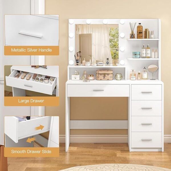 White Vanity Dressing Table with LED lights, spacious tabletop, and elegant mirror, ideal for beauty routines.