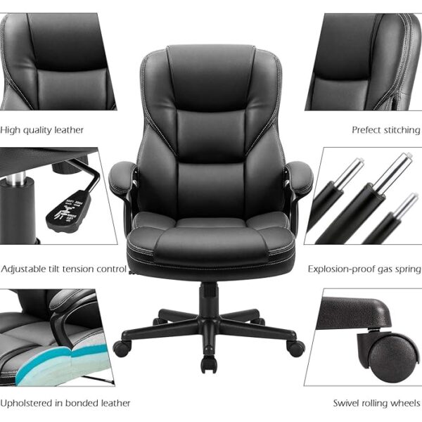 Black Leather Executive Office Seat with ergonomic design and chrome accents in a modern office setting.