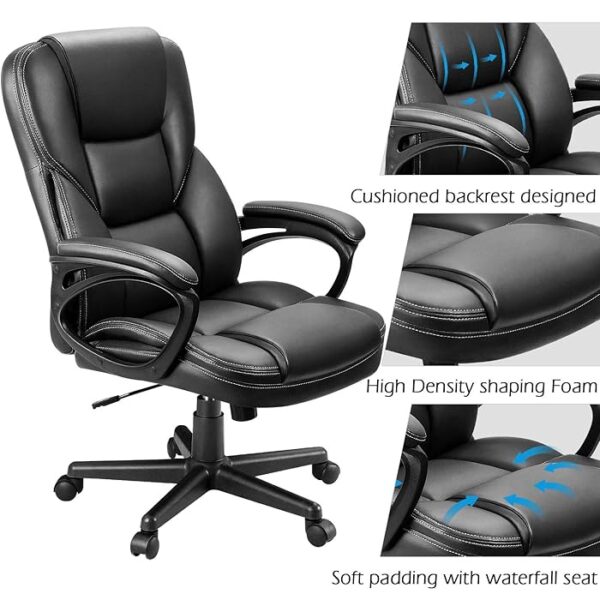 Black Leather Executive Office Seat with ergonomic design and chrome accents in a modern office setting.