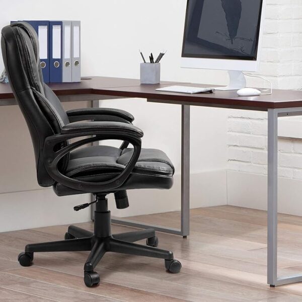 Black Leather Executive High-Back Seat in a modern office environment, showcasing its elegant design and ergonomic features.