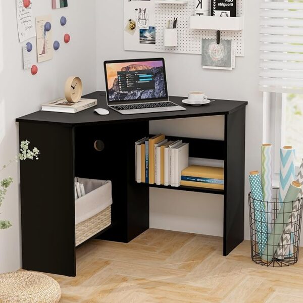 Home Office PC/Laptop Corner Table in a stylish home office setting, showcasing its compact design and functional features.