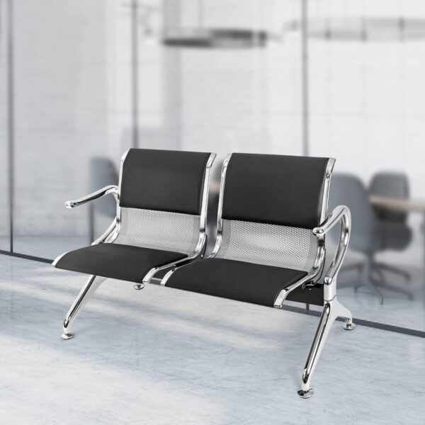 2-Seater Padded Metallic Airport Bench in a modern waiting area, showcasing its sleek design and comfortable padding.