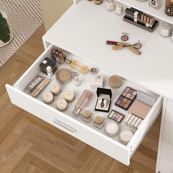 White Vanity Dressing Table with LED lights, spacious tabletop, and elegant mirror, ideal for beauty routines.