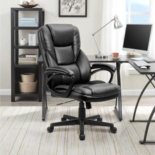 Black Leather Executive Office Seat with ergonomic design and chrome accents in a modern office setting.