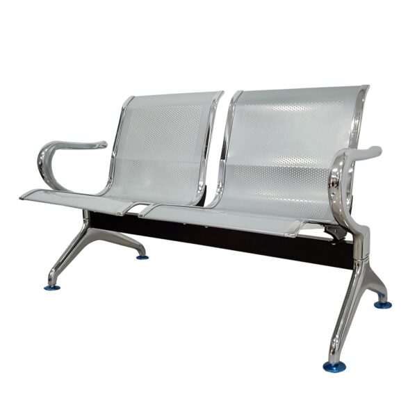 2-seater non-padded metallic waiting bench with a minimalist design, suitable for indoor and outdoor use.