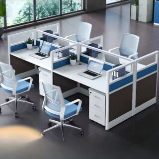 4-Way Modular Office Workstation with four interconnected desks, ergonomic design, and sound-absorbing panels.